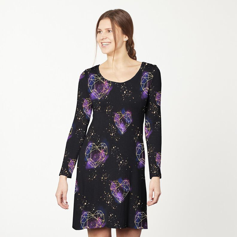 Bomuldsjersey Origamihjerter med guldkrymmel | Glitzerpüppi – sort/lilla,  image number 7