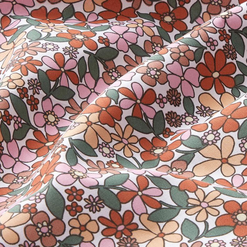 Bomuldsstof Cretonne små retroblomster – hvid/rosa,  image number 2