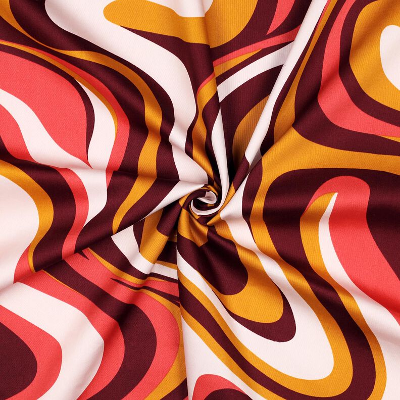Bomuldssatin Retro-bølger| Poppy Fabrics – bordeaux/karrygul | Reststykke 50cm,  image number 3