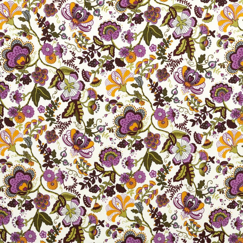 Bomuldspoplin Paisley-blomster – elfenben/rødlilla,  image number 1