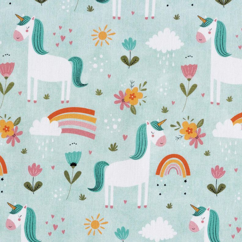 Bomuldspoplin enhjørning i regnbueverdenen Digitaltryk – isblå,  image number 1
