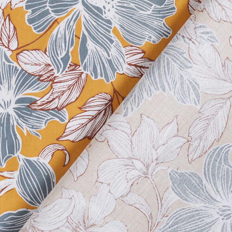 Bomuldsstof Cretonne store blomster – sennep/grå,  image number 4