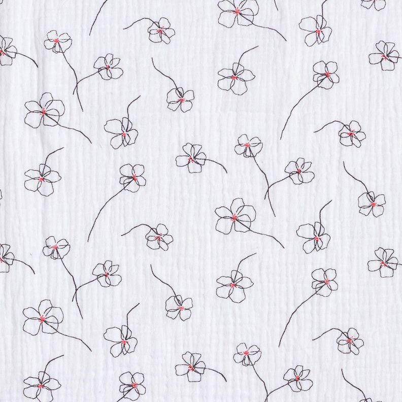 Musselin/Dobbelt-Crincle stof Malede valmuer – hvid/sort,  image number 1