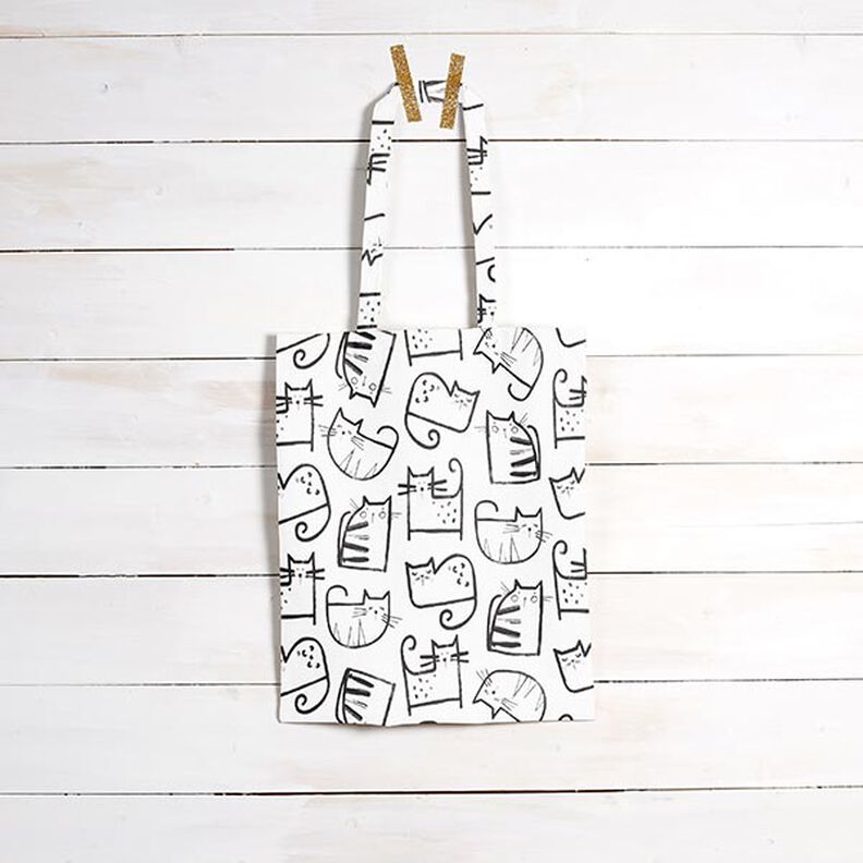 Bomuldsstof Cretonne kattetegninger – sort/elfenben,  image number 8