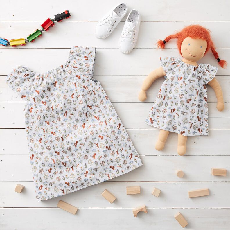 Musselin/Dobbelt-Crincle stof Egern og mus – hvid,  image number 5