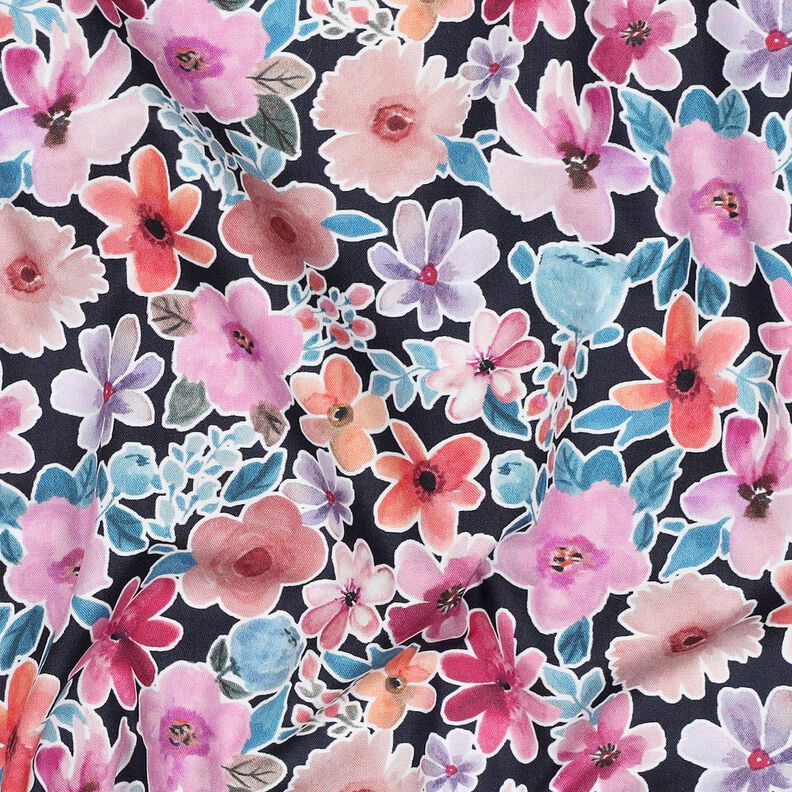 Bomuldspoplin blomster | Poppy Fabrics – sort-blå,  image number 2