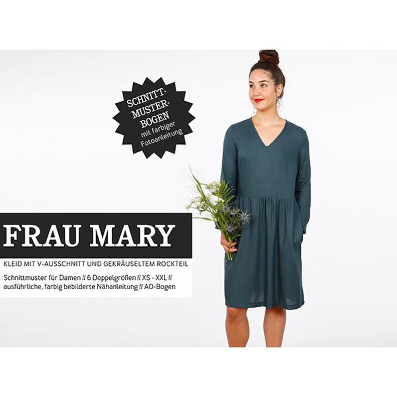 FRAU MARY - kjole med V-udskæring og flæseskørt, Studio Schnittreif  | XS -  XXL,  image number 1