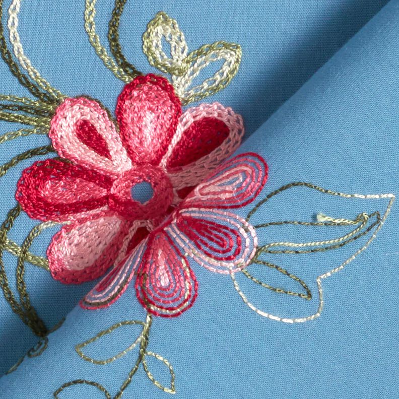 Bomuldspoplin Broderi blomsterbuketter – strålende blå/bær,  image number 4