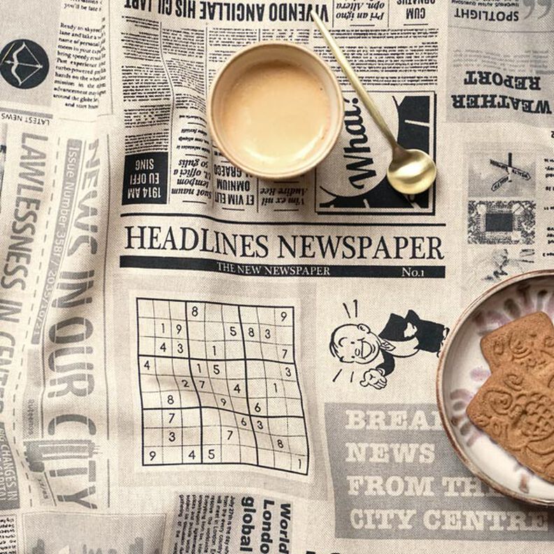 Dekorationsstof Halvpanama vintage avis – natur/sort,  image number 3