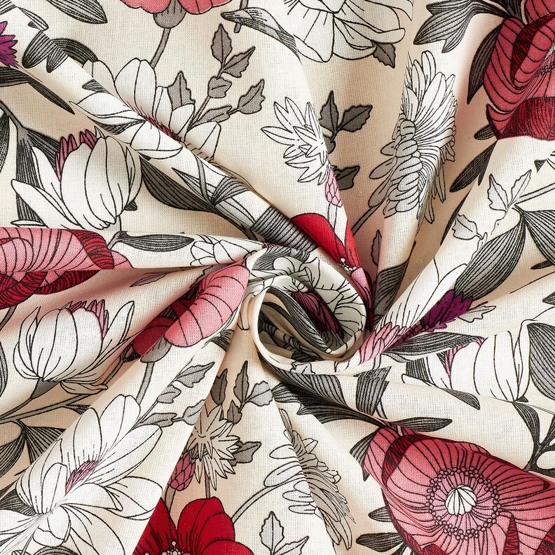 Bomuldsstof Cretonne farverige blomster – drue/natur,  image number 3