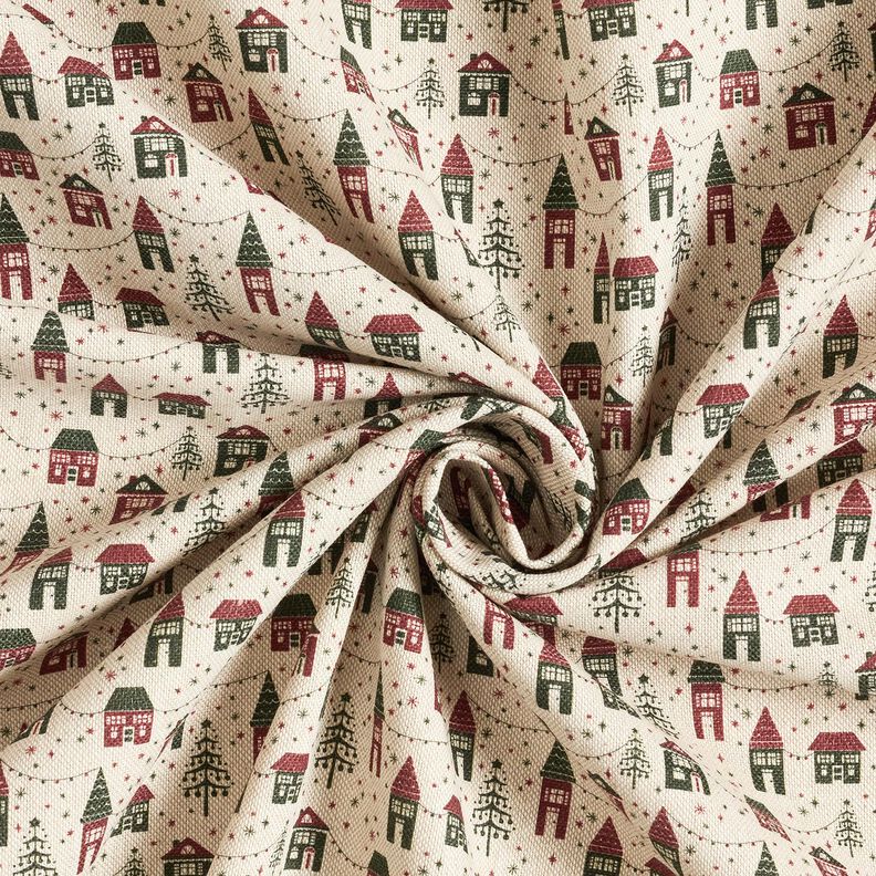 Dekorationsstof Halvpanama vinterlandsby – natur/mørk fyr,  image number 3