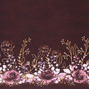 Bomuldsjersey Bordure stof Blomster i guldglimmer | Glitzerpüppi – bordeaux/pastelhyld, 