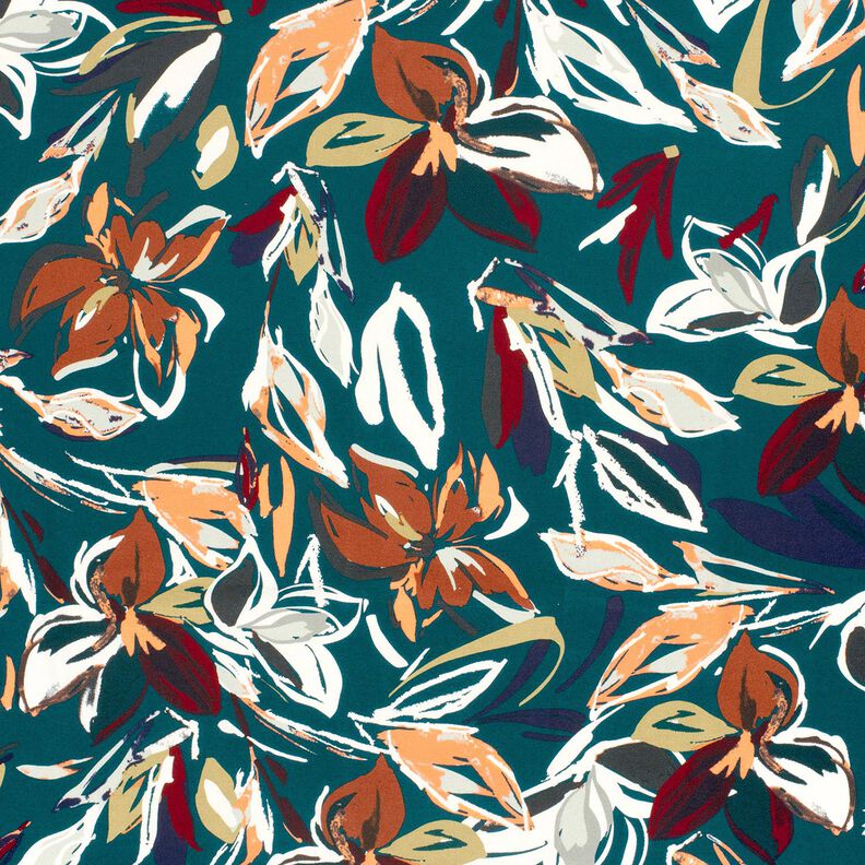Viskosejersey moderne blomster – petrol/kobberfarvet,  image number 1