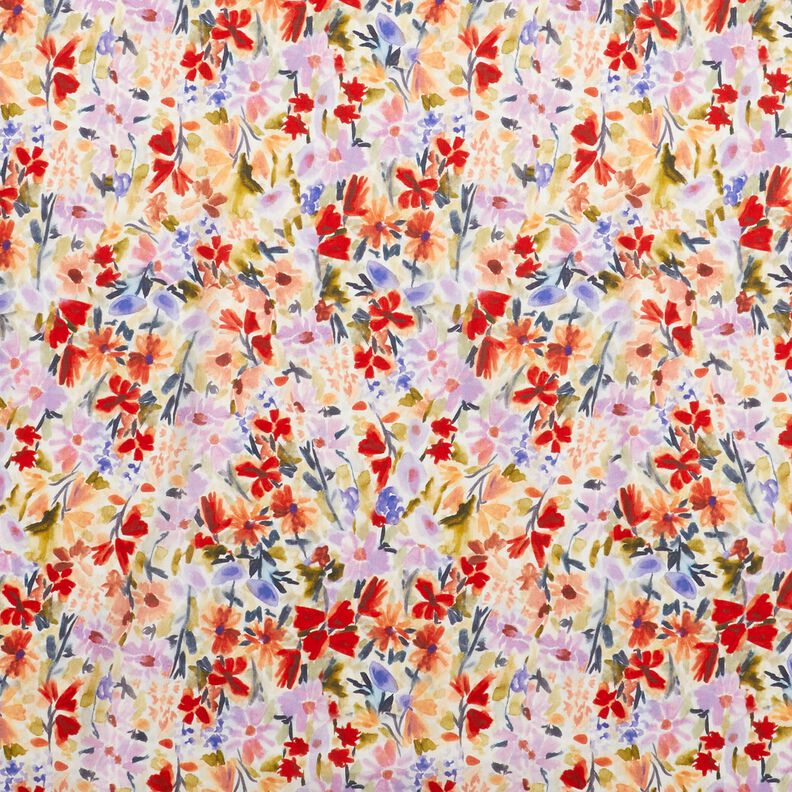 Bomuld Voile akvarel-blomstereng digitalt print – elfenben/rød,  image number 1