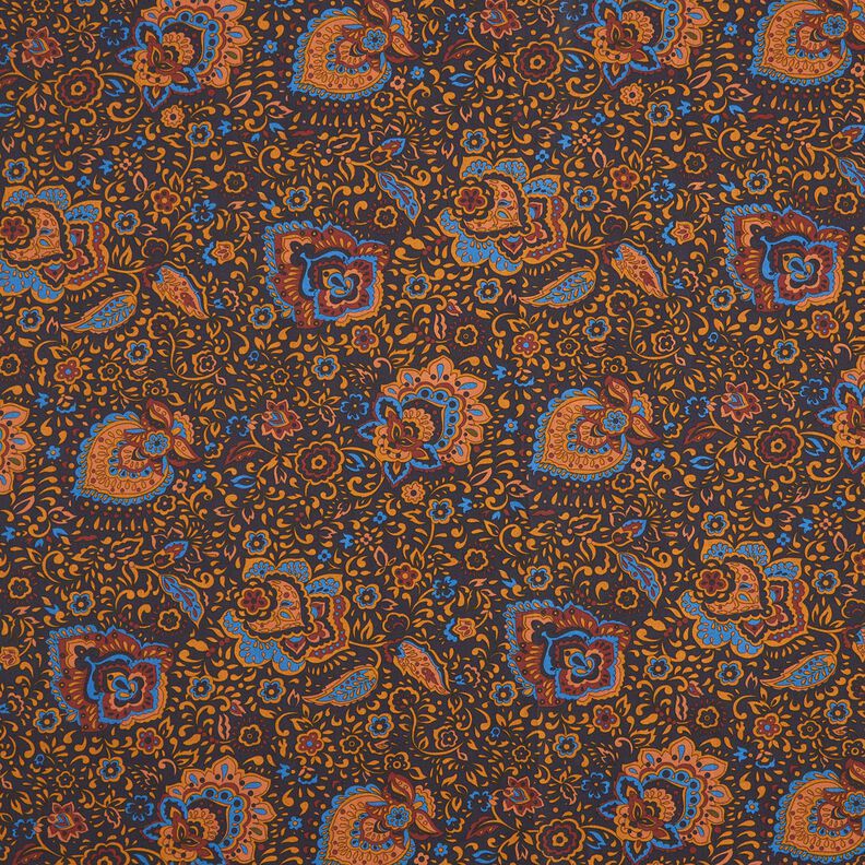Skjortestof retroblomster og paisleymønstre – natblå/karamel,  image number 1