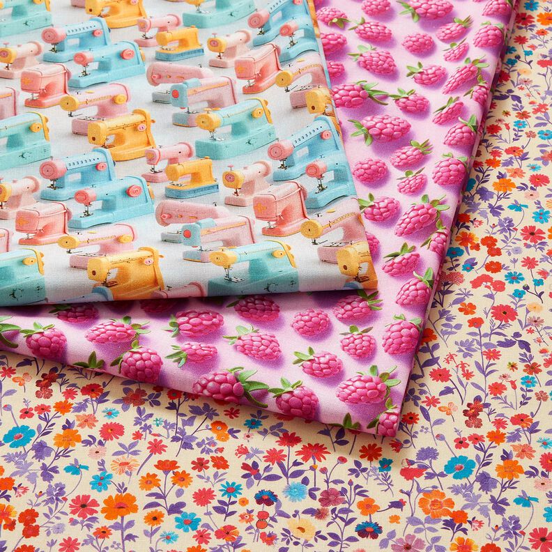 Bomuldsstof Poplin farverige blomster – lysebeige/lavendel,  image number 5