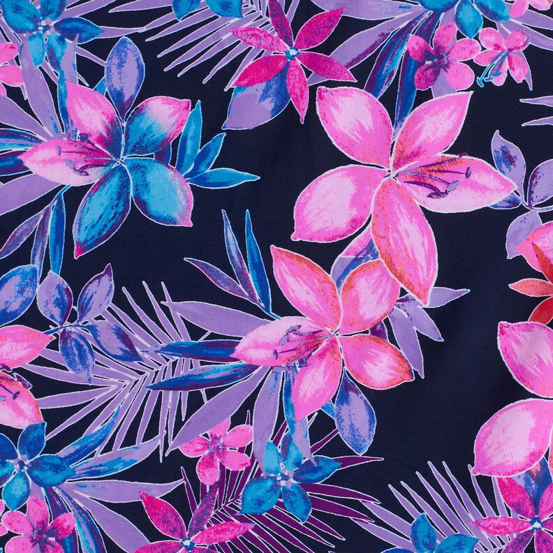 Badetøjsstof Tropiske blomster – marineblå/pink,  image number 6