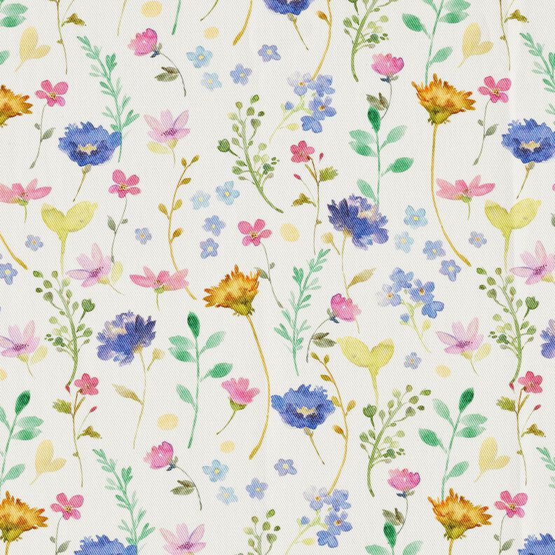 Dekorationsstof Bomuldskiper engblomster – elfenben/blålilla,  image number 1