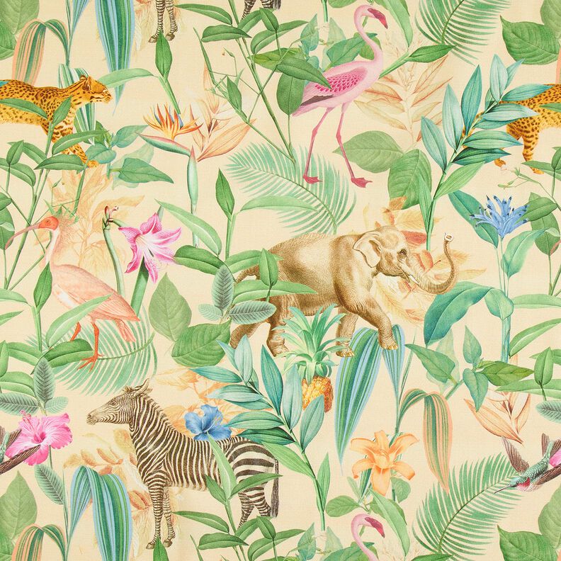 Dekorationsstof Halvpanama jungledyr – beige/grøn,  image number 1