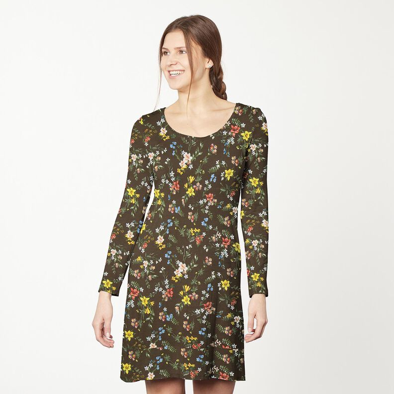 Viskosejersey små blomster – mørkebrun/ildrød | Reststykke 60cm,  image number 6