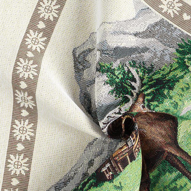 Dekorativt panelstof Gobelin hjort og bjerghytte – brun/grøn,  image number 3