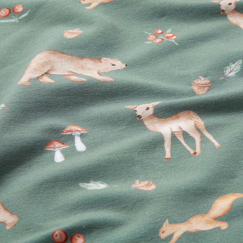 GOTS French Terry Sommersweat Bjørn, rådyr, egern Digitaltryk – mørkegrøn,  image number 2