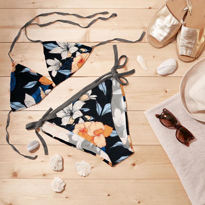 Badetøjsstof Store hibiscusblomster – sort-blå/apricot,  image number 7