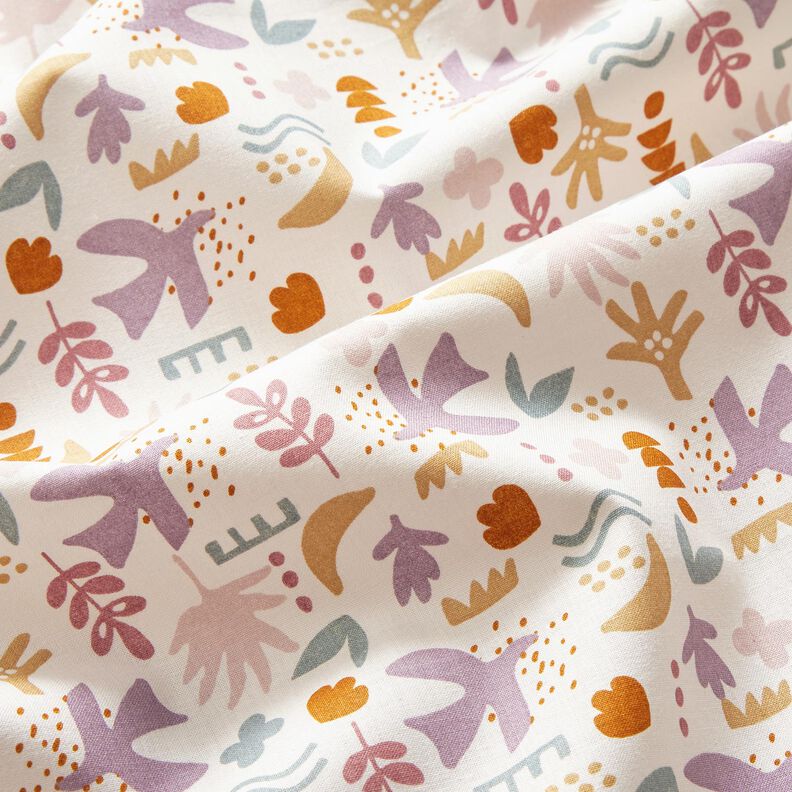 Bomuldsstof Cretonne abstrakte fugle – uldhvid/pastelviolet,  image number 2