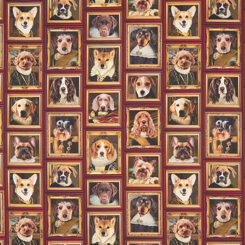 Dekorationsstof Halvpanama hundeportr&aelig;tter &ndash; karminr&oslash;d/guld,  image number 1