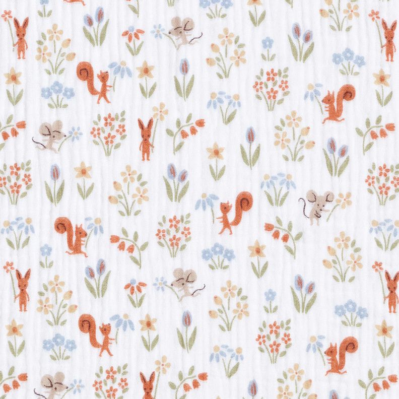 Musselin/Dobbelt-Crincle stof Egern og mus – hvid,  image number 1