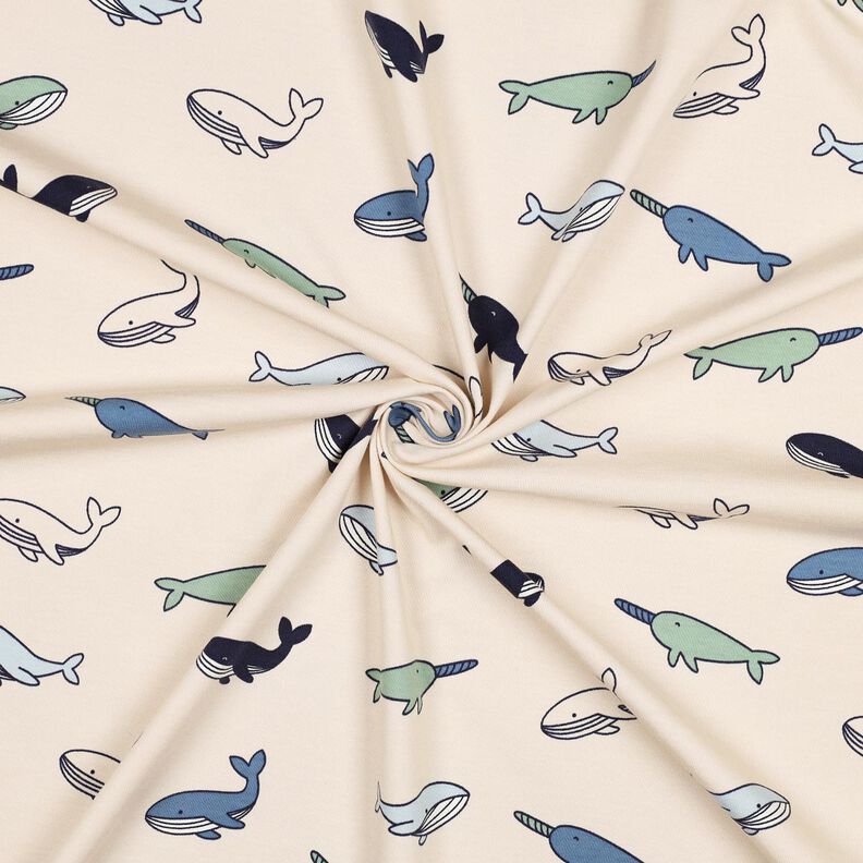 Bomuldsjersey Søde hvaler| Poppy Fabrics – cashew/marineblå,  image number 3