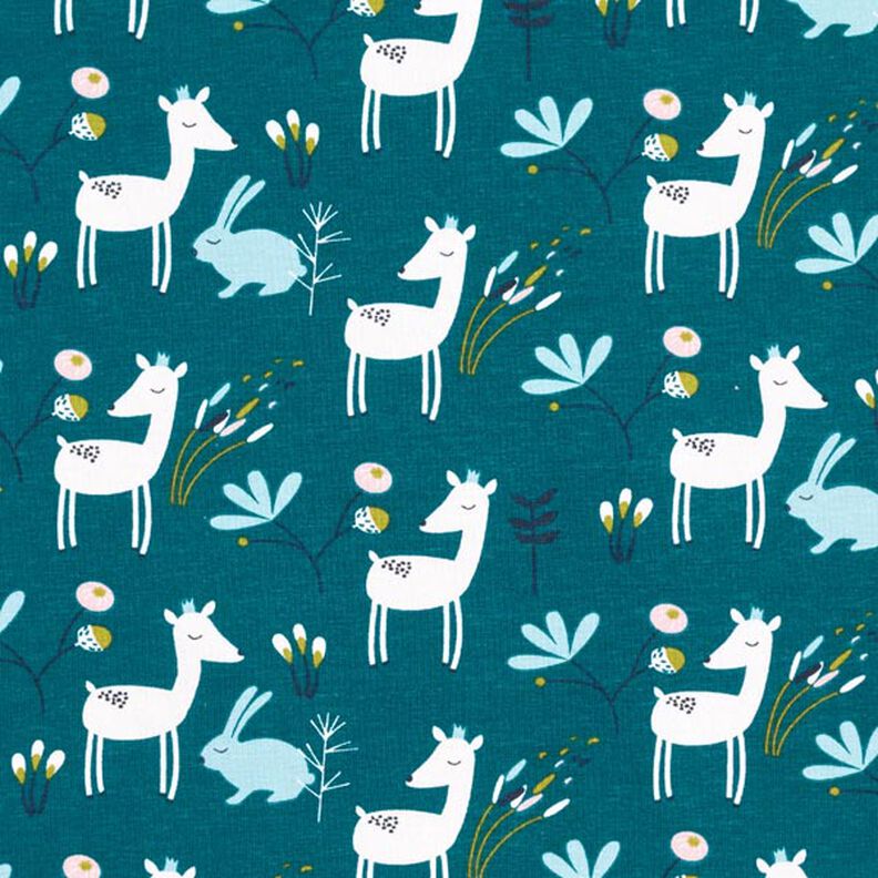 Bomuldsjersey Hare og rådyr – petrol,  image number 1