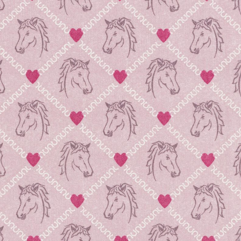 Bomuldsstof Cretonne heste og hjerter pink – rosa,  image number 1