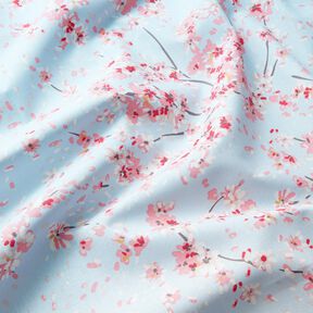Dekorationsstof Halvpanama kirsebærblomstergrene – lyseblå/rosa, 