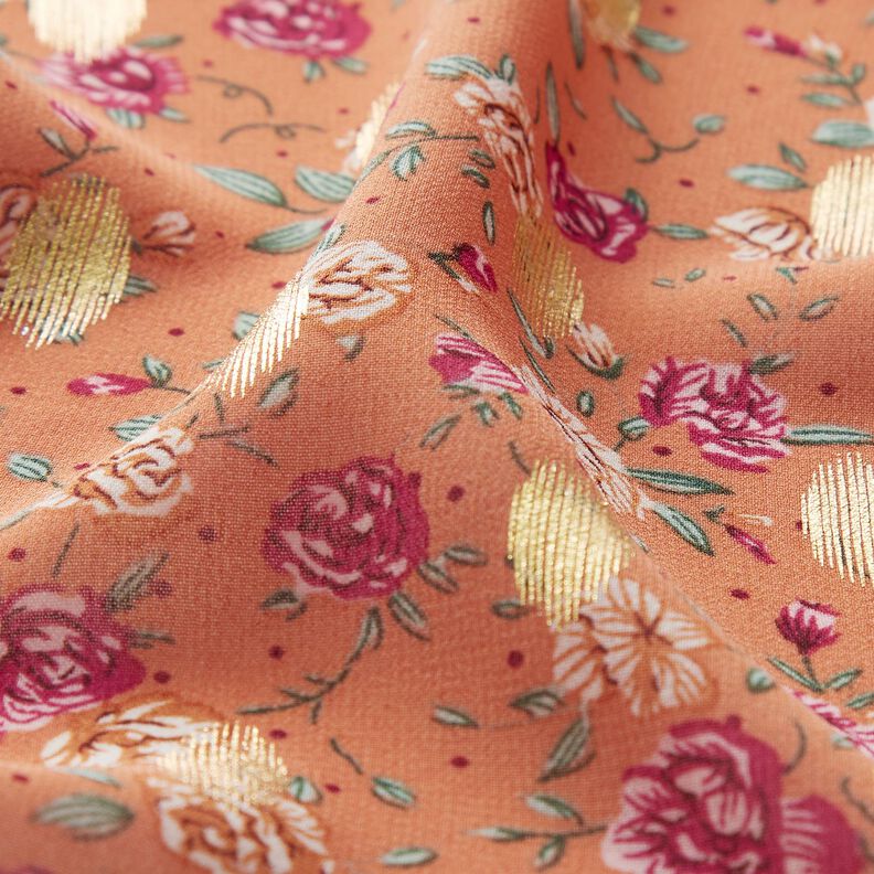 crêpe chiffon blomster og guldprikker – hummerfarvet,  image number 2