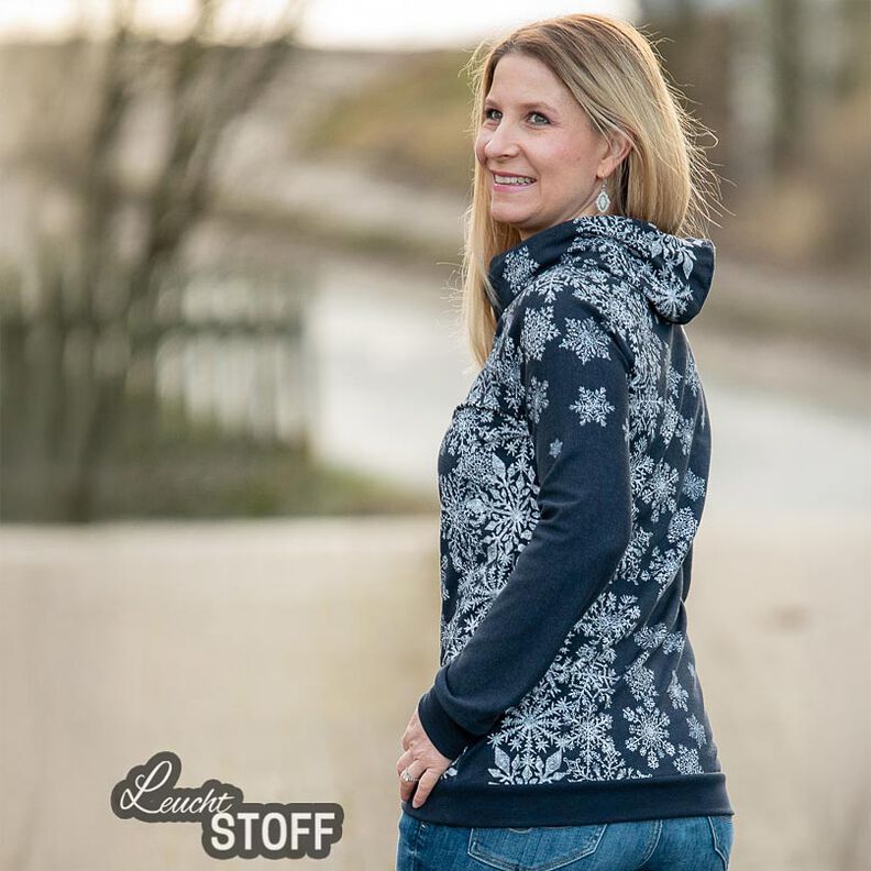 French Terry Sommersweat isblomster Bordure stof | Glitzerpüppi – natblå/hvid,  image number 7