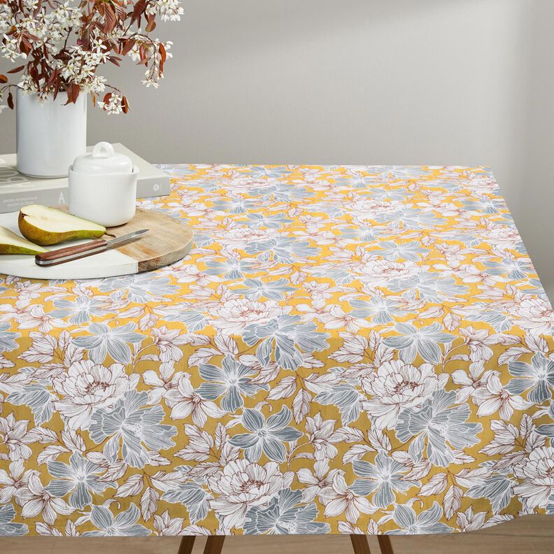 Bomuldsstof Cretonne store blomster – sennep/grå,  image number 7