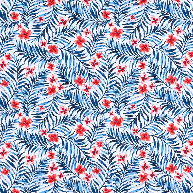 Badetøjsstof Blomster og palmevifter – hvid/indigo,  image number 1