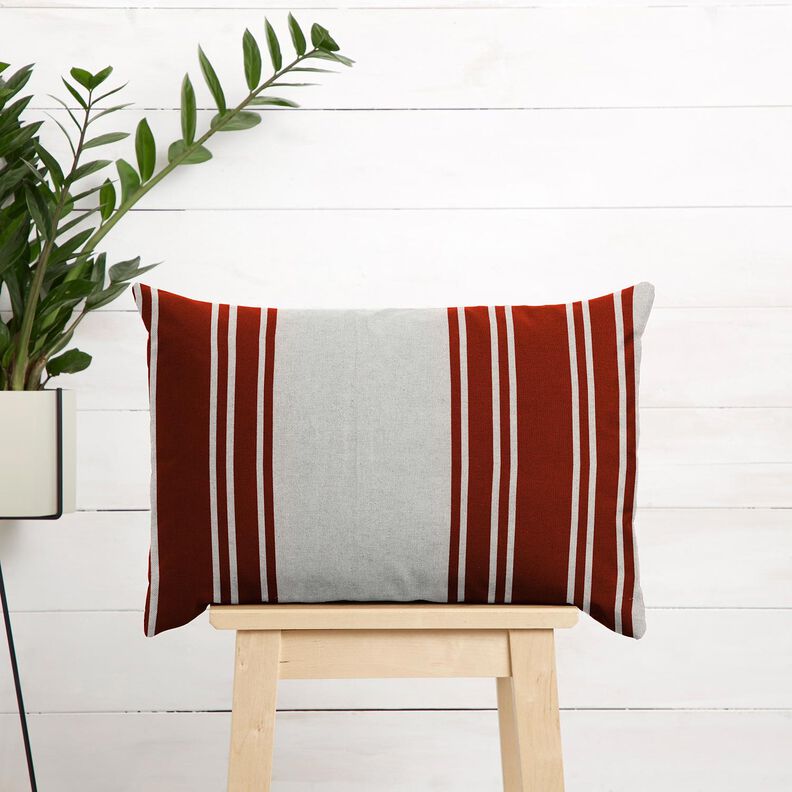 Dekorationsstof Panama blokstriber – karminrød/tågegrå | Reststykke 90cm,  image number 7