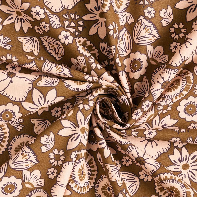 Bomuldsstof Cretonne retro-blomster – olivengrøn/rosé,  image number 3