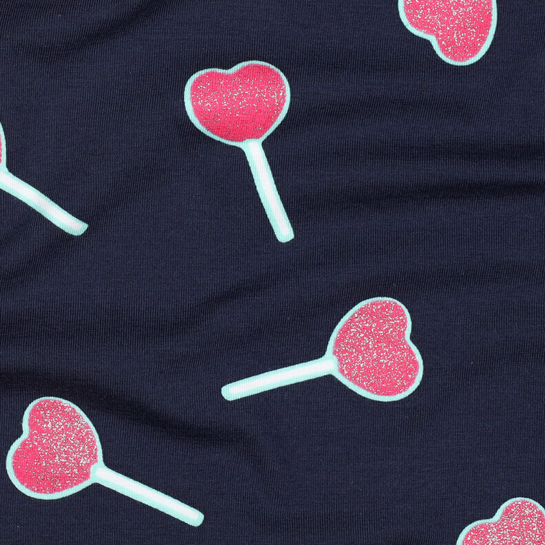 Bomuldsjersey glitter-hjerte-lollipops | Poppy Fabrics – natblå,  image number 2