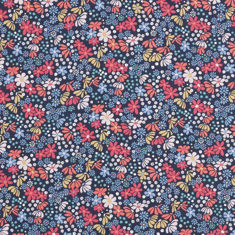 Bomuldsstof Cretonne blandede blomster – natblå,  image number 1