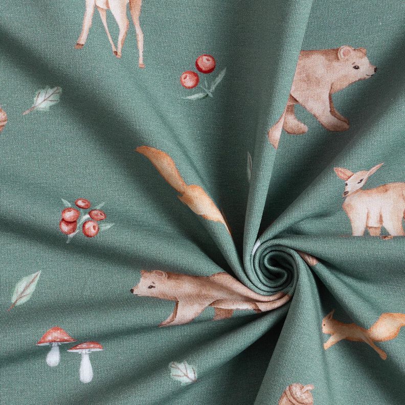 GOTS French Terry Sommersweat Bjørn, rådyr, egern Digitaltryk – mørkegrøn,  image number 3