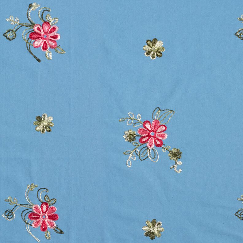 Bomuldspoplin Broderi blomsterbuketter – strålende blå/bær,  image number 1