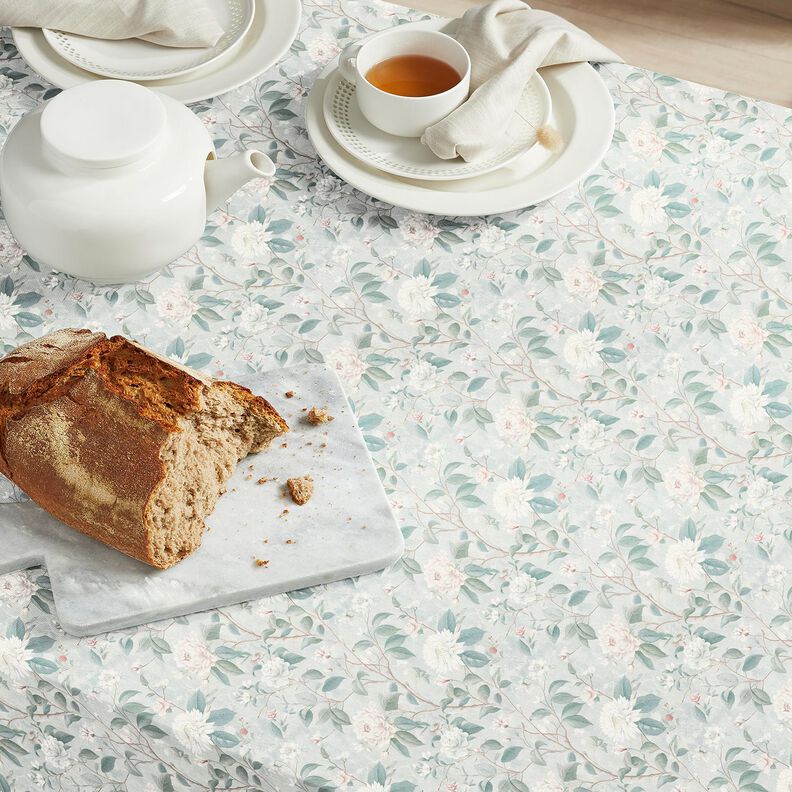 Bomuldsstof Poplin fine blomstergrene – sølvblå,  image number 7