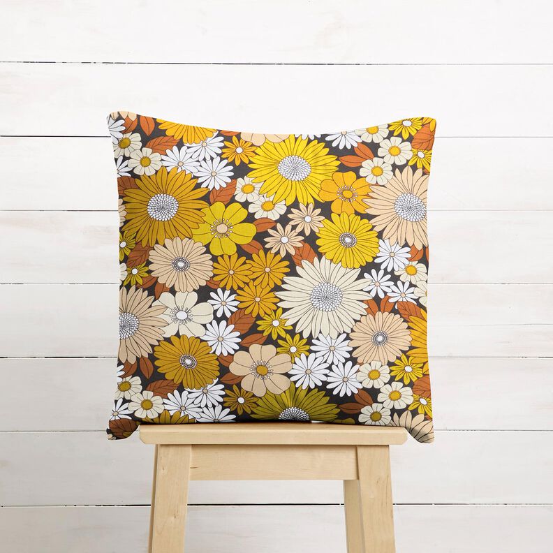 Bomuldsstof Cretonne store retroblomster – sort/solgul,  image number 7