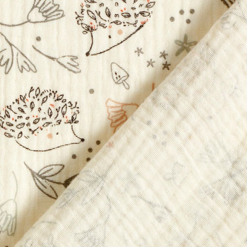 Musselin/Dobbelt-Crincle stof Pindsvin og skovplanter &ndash; uldhvid,  image number 4