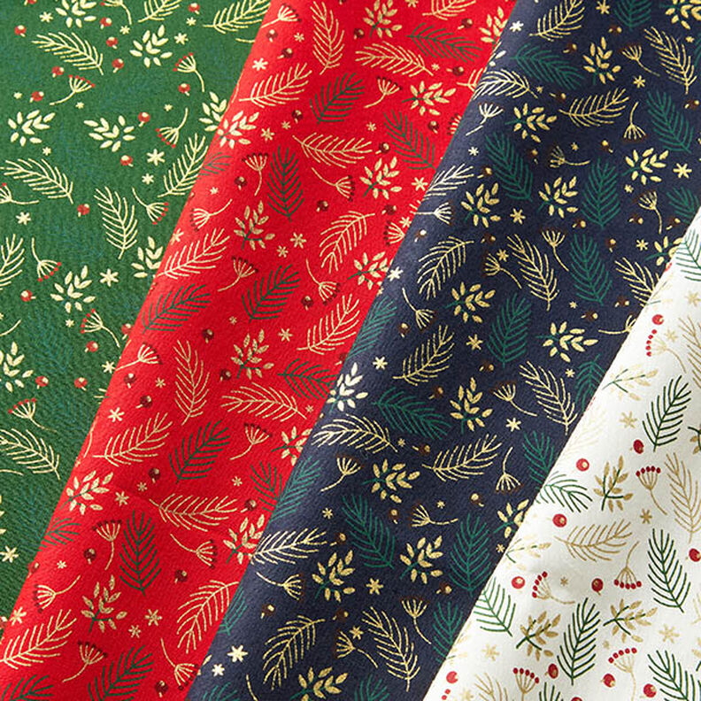 Bomuldsstof Poplin grene og bær – natblå/guld,  image number 5