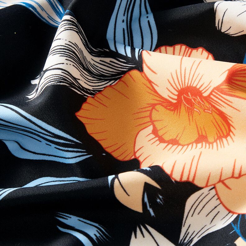 Badetøjsstof Store hibiscusblomster – sort-blå/apricot,  image number 2