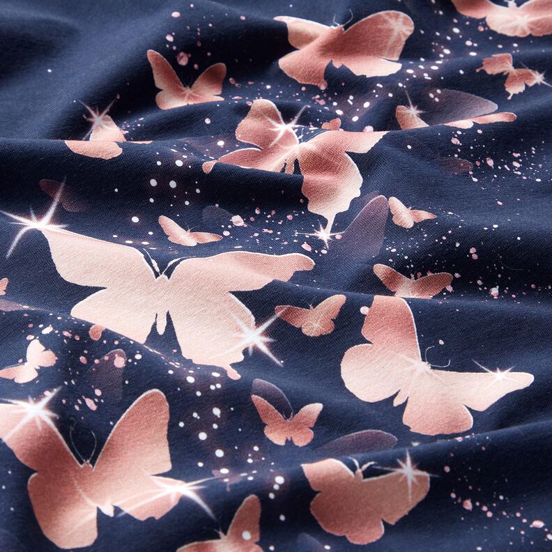 Bomuldsjersey Glitrende sommerfugle | Glitzerpüppi – natblå/gammelrosa,  image number 8